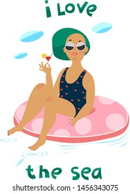 young girl swims and sunbathes on the air lap, in her hand a cocktail. vector illustration .