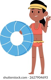 A young girl in a swimsuit holds a blue inflatable ring with a cheerful expression.  The happy child waves while carrying her water floatie for a day of swimming. Cartoon vector illustration
