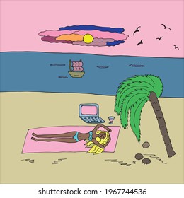 A young girl in a swimsuit lies on the beach by the sea, an island with palm trees. The woman relaxes and uses a laptop. Remote work, freelance, online work on the Internet. Drawn by hand in a doodle
