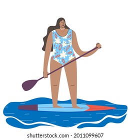 A young girl in a swimsuit on a stand-up board with an oar in her hands. Sub-board on water, waves, sea. Vector illustration of water sports. Isolated on a white background.