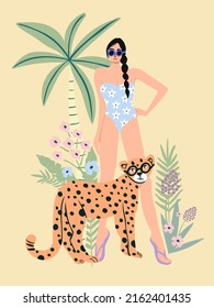 Young girl with swimsuit, palm tree and cheetah. Vacation and summer holiday background. 