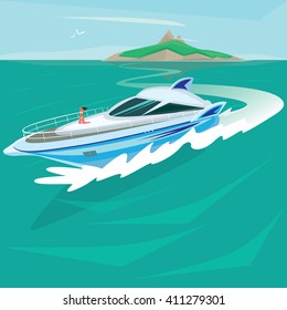 Young girl in a swimsuit sunbathing on the big fashion luxury yacht, which floats from the island in the open ocean - Paradise pleasure or Luxury holidays concept. Vector illustration