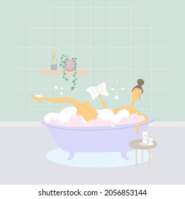 Young Girl take a bath. Bath room interior illustration. Take care. Relax time. Woman reed the book in the bath room. bathroom with foam. Candles. soap bubbles. Beauty routine. Care about myself. Wash