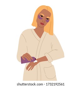 Young girl take care of skin, apply facial cosmetics, smears hands with cream, happy woman with patches on her face, everyday routine. Vector illustration, flat cartoon style.