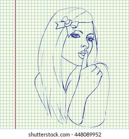 Young girl take a secret. Hand drawn vector stock illustration. Sheet ball pen drawing.