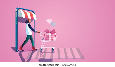 Young girl take a shopping cart And enjoy online shopping through smartphones, Choose to buy gifts valentine's day concepts Website or Mobile phone Application, Flat design illustration vector