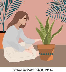 A young girl takes care of domestic plants at home. Everyday life and everyday scene of a young woman in a cozy Scandinavian-style interior with domestic plants.