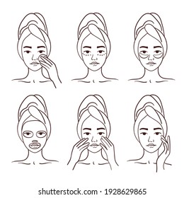 A young girl takes care of her face with various procedures. Daily skin care. Masks, creams, patches, massage, lotions, tonics. Clean healthy skin. Set of vector illustrations isolated on white