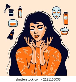 Young girl takes care of her face skin and uses cosmetics