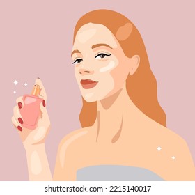 A young girl takes care of her body. A woman holds a spray in her hands, spraying it on her body and face. Cosmetic product moisturizes, soothes and protects against harmful sunlight. Perfume