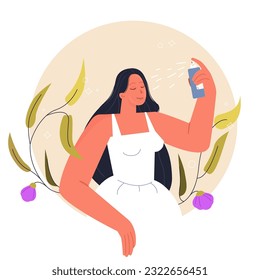 Young girl takes care of her skin. Moisturizing the skin with a spray. Cosmetic illustration. Girl with liquid moisturizer. Isolated illustration for banners, stickers, beauty posters. Perfumed Body