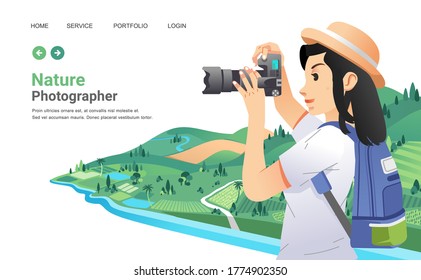 young girl taking a picture of beautiful rural landscape with digital camera, the girl wearing hat and bring backpack. landscape as background.used for poster, info graphic and other