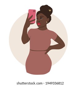 Young girl taking a selfie with her mobile phone camera, vector illustration, isolated