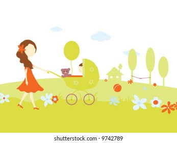 Young girl taking a walk with a baby in a pram in green countryside