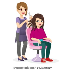 Young girl talking to hairdresser getting new hairstyle while sitting on hair salon