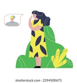 Young girl talking on mobile phone call boy remotely communication speech bubble at summer park vector flat illustration. Brunette teen female smartphone friendly cell conversation digital technology