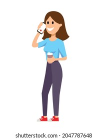 young girl talking on the phone and holding coffee