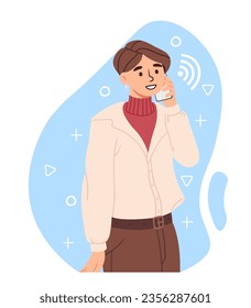 Young girl talking on phone. Woman with smartphone in her hands. Character with mobile call. Distance ommunication and interaction. Conversation online. Cartoon flat vector illustration