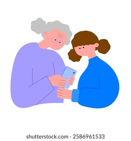 Young Girl Teaching Elderly Woman to Use Smartphone