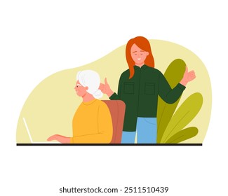 Young girl teaching older woman to use laptop, showing thumbs up vector illustration