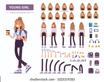 Young girl or teenager character constructor for animation. Front, side and back view. Flat cartoon style vector illustration isolated on white background.
Young girl or teenager character constructor for animation. Front, side and back view. Flat cartoon style vector illustration isolated on white background.