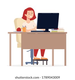 Young girl or teenager sitting at desk and looking at computer, flat vector illustration isolated on white background. Homeschooling and distance online education.