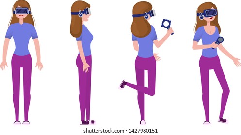 Young girl or teenager in Virtual Reality headset or VR helmet. Casual woman, Set of cartoon characters full length on white background. Different views - front, side, back. Vector flat