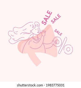 A young girl tells everyone the news. Conceptual vector illustration in cartoon style. Sale poster. A happy woman shares information.