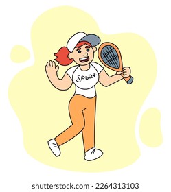 A young girl with a tennis racket. Vector flat color doodle illustration