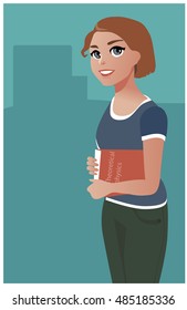 Young girl with theoretical physics textbook. Cartoon style. Vector illustration. 