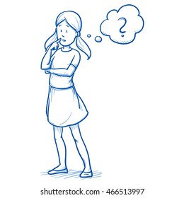 Young girl thinking about something, with question mark in a thought bubble. Hand drawn cartoon doodle vector illustration.