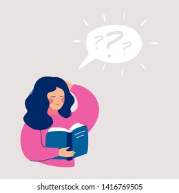 Young girl thinking about that she reading in the book and has a questions. Speech bubble above with question mark. Human character vector illustration.