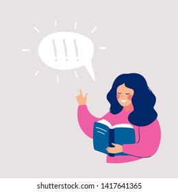 Young girl thinking about that she reading in the book and idea came to her. Speech bubble above with exclamation mark. Human character vector illustration