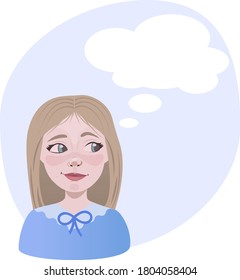 Muchacha pensando en la idea. Ilustración vectorial de dibujos animados planos. Niña con nube de pensamiento. Jovencita con pensamiento de burbuja.