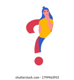 Young girl  thinking or making choice.  
Thoughtful women solwing problem or doubt.  Cute illustration in flat style