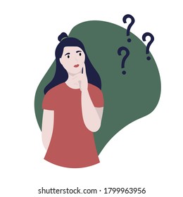 Young girl  thinking or making choice.  
Thoughtful women solwing problem or doubt.  Cute illustration in flat style