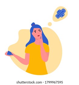 Junge Mädchen denken oder entscheiden sich für umweltfreundliche Zeiten Alternativen . Nachdenkliche Frauen zweifeln an einer Menstruationstasse.  Cute-Illustration im Flachstil