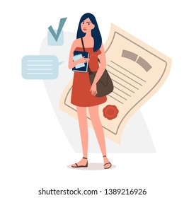 Young girl Thinks about learning and education. A fragment of the story with a speech balloon. Flat cartoon vector illustration