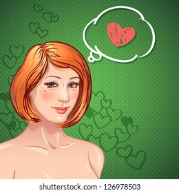 young  girl thinks about love. Valentine's Day. heart, polka dots pattern