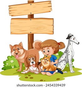 Young girl with three dogs by a blank sign.