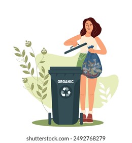 Young girl throwing out organic waste, sorting garbage. Woman separating trash to promote cleanliness and sustainability. Vector illustration for environment and ecology protection concept