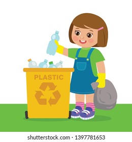 Young Girl Throwing Plastic Bottles In Recycle Bin. Waste Recycling. Environmental Protection. Eco Friendly, Concept Vector Illustration.