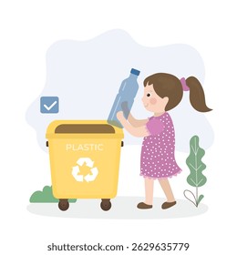 Young girl throwing plastic bottles In recycle bin. Waste recycling. Environmental protection. Eco friendly, concept. Kid girl throwing rubbish. flat vector illustration