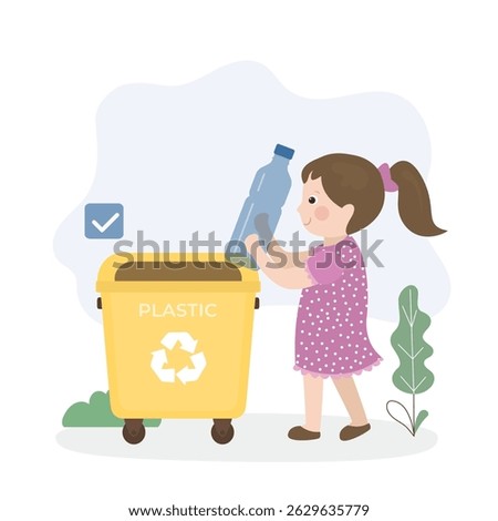 Young girl throwing plastic bottles In recycle bin. Waste recycling. Environmental protection. Eco friendly, concept. Kid girl throwing rubbish. flat vector illustration