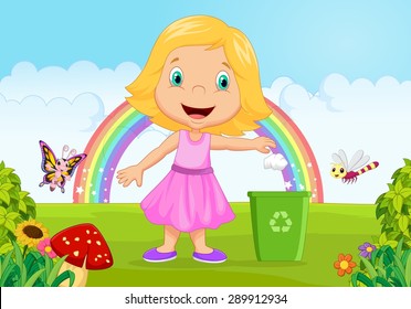 Young girl throwing trash into litter bin in the jungle