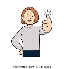 young girl thumbs up as a sign of praise or approval, flat character vector