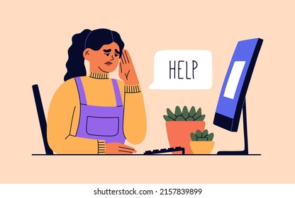 Young girl tired of hard working. Woman sitting in the office at the computer and sad because of work. Unhappy person overworked. Hand drawn color vector illustration in modern flat cartoon style.