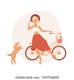 Young girl in top, full skirt, barefoot dancing and holding a hat. Bicycle with a basket of flowers. The dog jumps. Vector spring illustration in flat style with beautiful woman walking with her pet