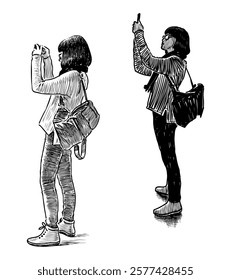 Young girl tourist with backpack photographing on smartphone, brunette in eyeglasses, sketch, realistic hand drawn vector illustration