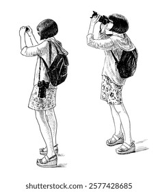 Young girl tourist with backpack photographing on smartphone and camera,slim brunette in sunglasses, sketch, realistic hand drawn vector illustration